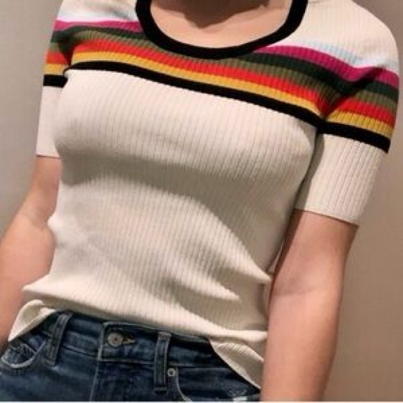Tory Burch Cream Rainbow Striped Ribbed Top XS - Picture 2 of 14